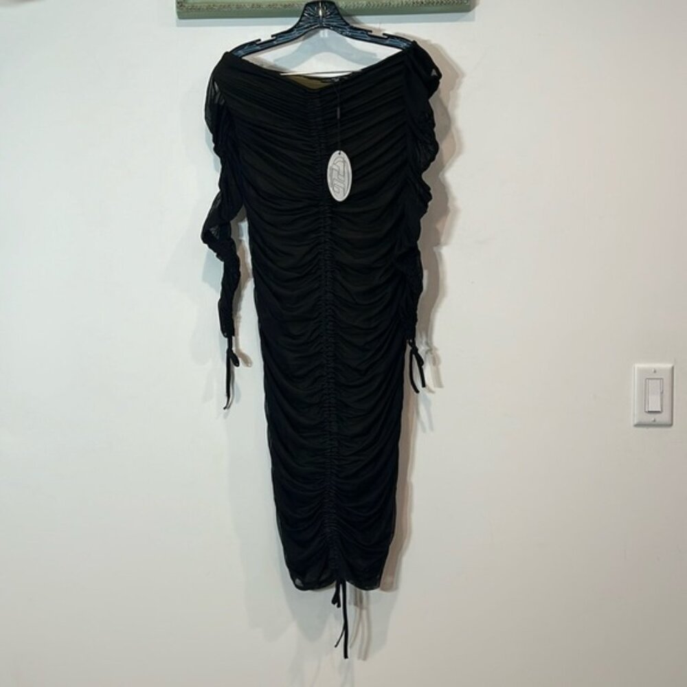 Poster Girl rouched mesh black lined midi dress off the shoulder plus size XXL